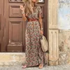 Robes décontractées basiques Femmes Boho Robe longue Mode Paisley Imprimer Col en V Robes à manches courtes Ceinture d'été Grand ourlet Robe de plage Élégante jupe fendue 230531