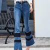 Kvinnors jeans vår spets lapptäcke flare kvinnor streetwear hög midja klockbotten byxor eleganta kontor lady blå denim byxor