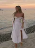 Grundläggande avslappnade klänningar Floraltryck Knutband Split lår Cami Dress Summer White Sleeveless V-ringning Backless Beach Women slip Robe Femme 230531