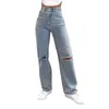 Jeans Femme Classique Décontracté Denim Poches Pantalon Droit Pantalon Taille Moyenne Bleu Filles Coupe Distressed