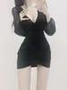فساتين غير رسمية v Womengaga 2023 Neck Lace Puff Sleeve Mini Dress Long Sexy Plateed Short Slim Women Korea Tops W65M