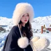 Chapéu feminino de pele de raposa real tricotado Aviador Trapper Hunter Boné de esqui quente ao ar livre