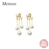 Dangle Chandelier MODIAN Real 925 Sterling Silver Charm Pearl Pendant Boucles d'oreilles Fashion Gold Swing Pendant Boucles d'oreilles Convient aux bijoux exquis pour femmes