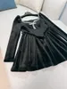 2023 Autumn Black Solid Color Bow Rhinestone Velor Dress Long Sleeve Square Neck Short Mini Casual Dresses Y3M257833