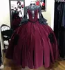 Victorian burgundy And Black prom dresses Gothic Puffy Rock Long Sleeve Lace Medieval Retro Renaissance Bow evening gown Celtic