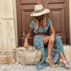 Основные повседневные платья Boho Paisley Плант для печати женщин Элегантный V шея пояс с коротким рукавом большой подол длинные платья летнее винтажное пляжное платье макси 230531