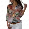 Blusas Femininas Caimento Solto Camisa Feminina Botão Primavera Cardigan Decote em V Top Aquarela Flor Impressão 3D XS-5XL Casual Trabalho em Casa