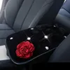 New Leather Universal Car Armrest Pad Covers Creative Rose Flower Rhinestone Crystal Auto Center Console Arm Rest Seat Box Pad Women