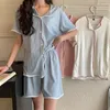 Damen-Trainingsanzüge, Damen-Sommer-Pyjama-Set, gestreift, einreihig, lockeres Hemd, solide kurze Hosen, zweiteilig, weiblich, Freizeit-Homewear