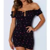 Grundläggande avslappnade klänningar Sommarkvinnor Floral Wrap Dress Off Shoulder Tie Up Front Ruffle Mini Office Lady Slash Neck Printed Pencil 230601