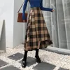 Spódnice Vintage Streetwear Plaid Women Fashion Nieregularny wysoki talia długa spódnica Kobieta jesienna zima zagęszcza wełniane midi