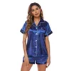 Running Sets Women Sleepwear Summer Pajama Set Pink Turn Down Collar Faux Silk Satin Blue Short Sleeve Casual Female Pijama Home Wear Shorts