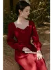 Casual Dresses Vintage French Elegant Red Dress Star Same Style Sexy Square Collar Robe Femme Design Temperament Puff Sleeve Send Belt