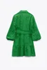 Robes décontractées 2023 Style élégant nœud ceinture découpe femme manches longues dames été robe courte vert brodé