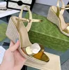 2023S Designer sandale dame compensée talon haut Chaussures pour femmes Double boucle en métal Compensées en cuir Espadrille Sandales bride à la cheville en cuir véritable avec boîte