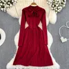 Casual Dresses Korean Fashion Elegant Sweater Dress Autumn and Winter Women Bow Collar Slim Pleated Knit Midi Female Vestidos 2023 T681