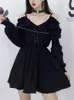 Abiti jmprs di grandi dimensioni donne gotiche mini abito nero sexy fuori spalla a vita alta tunica da donna abito da festa a manica lunga a V Vietidos