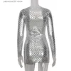 Party Dresses OMSJ 2023 Metallic Silver Hole Sexy Bodycon Bandage Dress New Arrivals Club Streetwear Stylish Women Full Sleeve Lace-up Dresses T230602