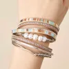 Женские ювелирные украшения Boho Tan Multilayer Stackable Bracelet Bracelet Кубинская цепь блеск с жемчужной кожа