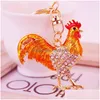 Portachiavi Glitter Smalto Lega Strass Cristallo Ciondolo Gallo animale Catene per auto Fashoin Tono oro placcato Anello goccia olio Consegna Jewe Dhlez