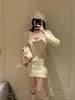 Casual Dresses Korean Twist Knitted Lolita Kawaii Dress Women White Japanese Sweet Cute Party Mini Slim Love Hollow Sweater Spring 2023