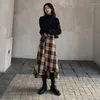 Spódnice Vintage Streetwear Plaid Women Fashion Nieregularny wysoki talia długa spódnica Kobieta jesienna zima zagęszcza wełniane midi