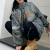 Kadın Ceketleri Retro Mektup İşlemeli Fermuar Denim Ceket High Street Gevşek Sıkıntılı Y2K Üst Moda Günlük Yıkalı Babes Ceket Kadınları