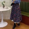 Jurken Nieuwe Japanse Mori Girl Women Midi Rok Hoge taille Navy Blauwe bruine bloemrok met kanten ruches Vintage Elegante corduroy rok