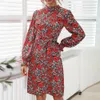 Dresses Summer Long Sleeve Midi Dress Floral Print Half High Collar Casual Dresses for Women 2021 Fall Fashion Ladies Clothes Red Purple