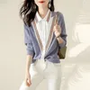 Blusas de mujer Casual suelta empalmada línea brillante decoración blusa mujer cuello Polo de un solo pecho manga larga Oficina camisa de gasa delgada