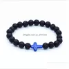 Pulseira de pedra de lava preta com cruz natural frisada Chakra Healing Nce Beads pulseira para homens e mulheres com elasticidade Yoga Jóias Drop Delivery Dhmaj