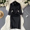 Casual Dresses Foamlina Shirt Dress Women mode Summer Solid Lapel Collar Three Quarter Sleeve Buttons Slim Fit Kne Length Oregelbundet