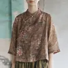 Kvinnors blusar Kvinnor Johnature 2023 Spring Cotton Linen Retro Print Stand Plate Buckle Long Sleeve Pullovers Shirts Fashion