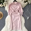 Casual Dresses Foamlina Shirt Dress Women mode Summer Solid Lapel Collar Three Quarter Sleeve Buttons Slim Fit Kne Length Oregelbundet