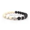 Bracciali in pietra lavica con perline 8 mm Bracciali turchesi bianchi importati Perline vulcaniche nere Bracciale con testa di Buddha Gioielli con consegna a goccia Dhz2H