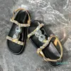 Designer Sandaler Rhinestone Flat med 2023 Ankomst Gemstone Round Toe One Rem Buckle Slingback Black Women's Elegant Shoes