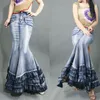 Dresses Free Shipping 2022 New Fashion Long Maxi Vintage Fish Tail Mermaid Style Denim Skirt for Women Ruffles S2xl Stretch Jeans Skirt