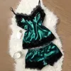 Женская снаряда для сна Сексуальная атласная пижама набор черная кружева vneck pajams без рукавов милый камин и шорты домохозяйство #W 230601