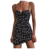 Vestidos Casuais Verão Sexy Preto Floral Estampado Espaguete Minivestido Moda Feminina Sem Mangas Vestido de Festa Clube Apertado Vestido de Verão