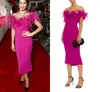 Jenna Dewan marchesa Thee-lengte Fuchsia Prom Gelegenheid Jurken Off Shoulder Feather Bloemen Arabisch Runway Red Carpet Avondjurken