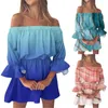 Casual Jurken Mini Voor Vrouwen Strand Sexy Off Shoulder Tuniek Overgooiers Losse Bell Mouwen Kleurverloop Gordel Taille Jurk