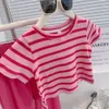 衣類セットベアカラーサマーピンクパンツTシャツ子供の女の子の学校ユニフォーム2ピースの子供用服セット