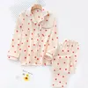 Womens Sleepwear Spring Ladies Pajamas Set Heart Printed Crepe Cotton Doublelayer Gauze Turndown Collar Longsleeve Trousers Household Wear 230601