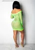 Partykleider Sexy neongrünes Sommer-Strandkleid für Damen, schulterfrei, lange Ärmel, figurbetontes Kleid, Netz, aushöhlen, Clubwear, Minikleid, Vestidos T230602
