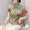 T-Shirt été imprimé fleur maille femmes Style chinois gland bouton élastique Slim Fit haut filles mode vert T-shirt P230602