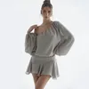 Robes décontractées Soolasea printemps une épaule en mousseline de soie à manches longues gris robe de soirée pour les femmes vêtements volants cravate Mini robe élégante