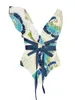 Costumi da bagno da donna Costume da bagno intero da donna a fiori spezzati in primavera con stampa blu Bikini a V profondo Coprispalle con volant Senza schienale Sexy