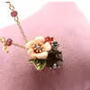 Chains 14K Gold Plated Sweet Enamel Pink Flower Crystal Natural Pearl Three-Dimensional Long Necklace Earring