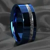 Band Rings Exquisite Fashion 8mm Blue Polished Stainless Steel Ring for Men Center Groove Inlay Meteorite Unisex Wedding Band Men Jewellery J230602