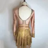 Scenkläder full guld strass klänning kvinnors långa ärmar fransade sexiga pole dansfestival outfit gogo kostym xs5086